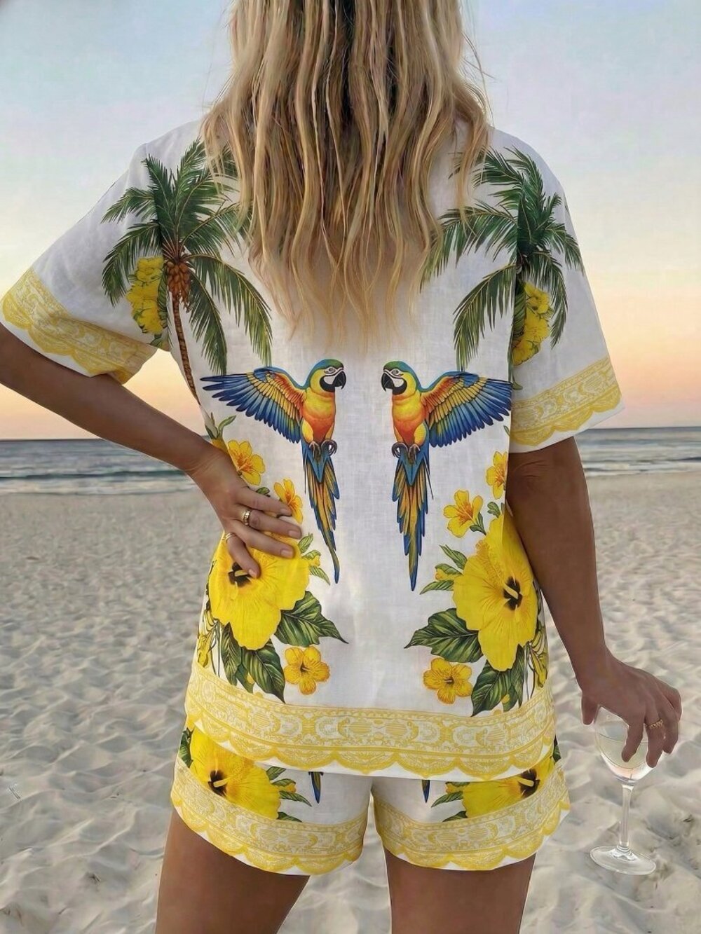Light Yellow Boho Women's Coconut Floral Print Top and Shorts Set - Picture 2 of 5